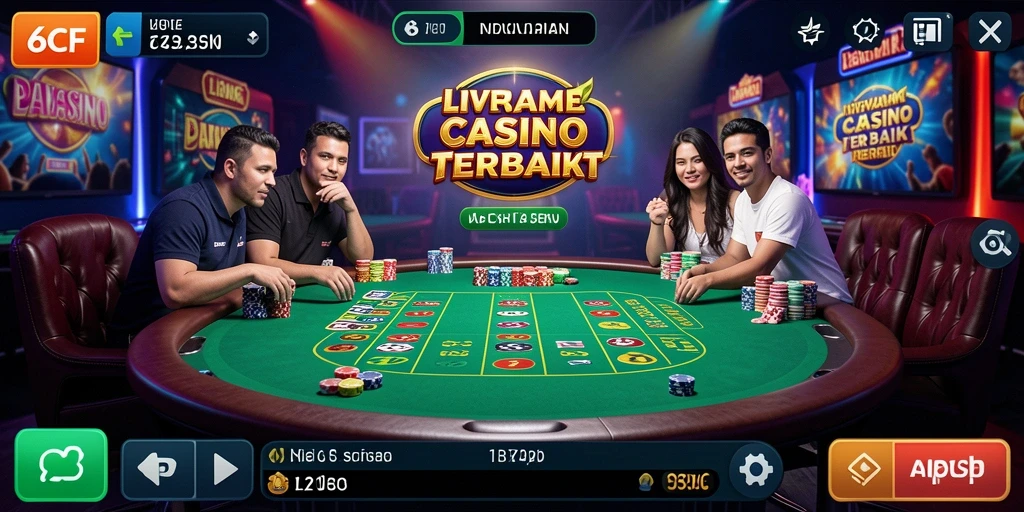 Screenshot gameplay 6CF menampilkan dealer langsung dan suasana kasino yang mendebarkan.