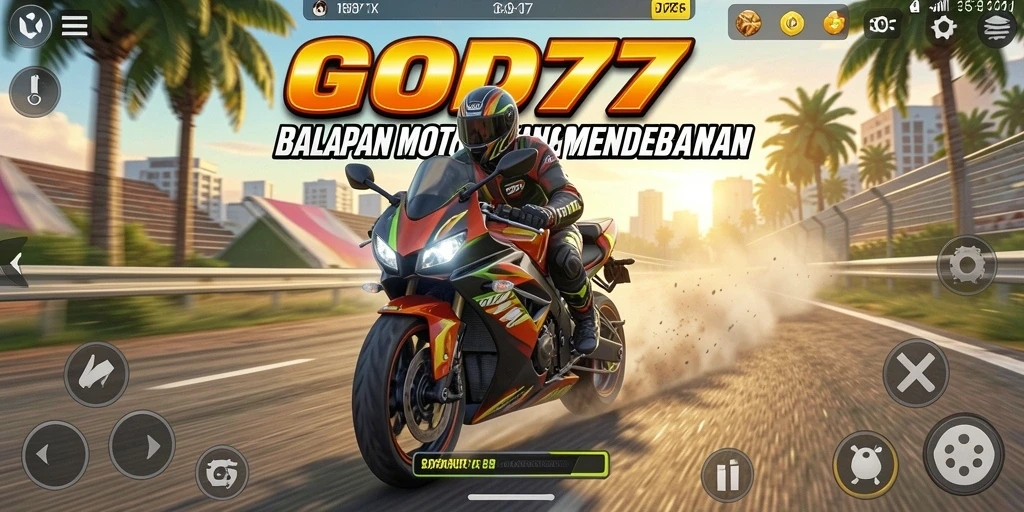 Tampilan gameplay balapan motor yang seru dan mendebarkan di GOD77.