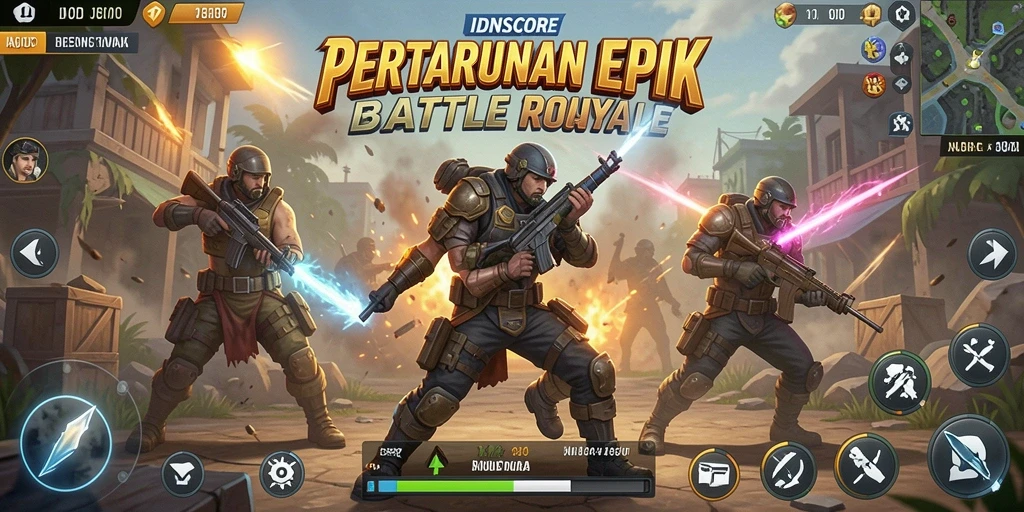 Tangkapan layar dari gameplay <strong>IDNSCORE</strong> dengan aksi seru dalam pertempuran Battle Royale.