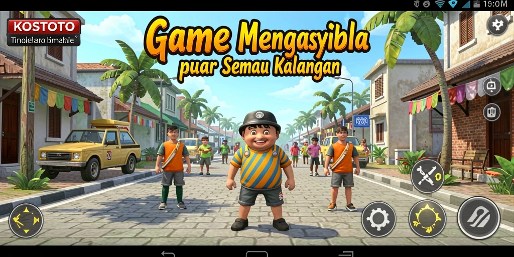 Tampilan gameplay KOSTOTO dengan karakter yang mengasyikkan dan fitur idle.