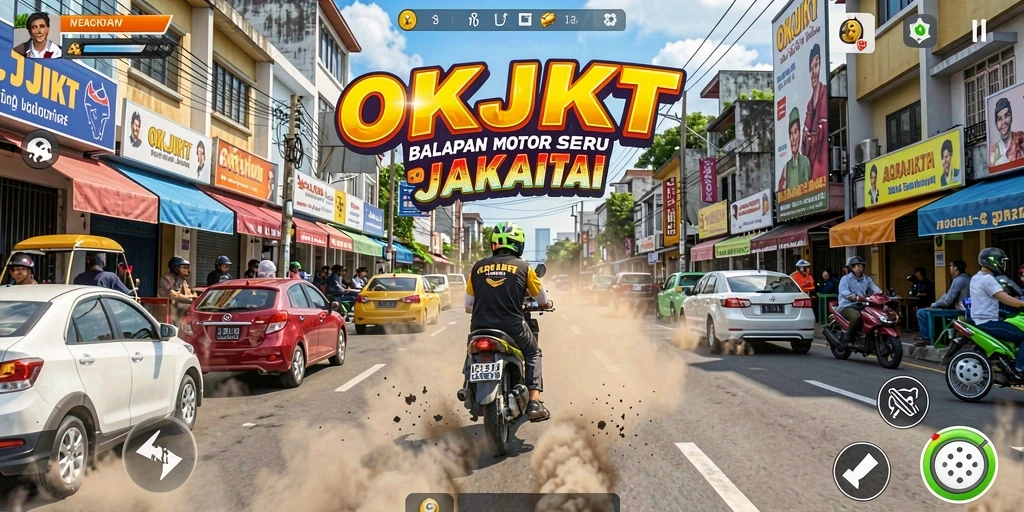 Tampilan gameplay OKJKT dengan motor balap menakjubkan.