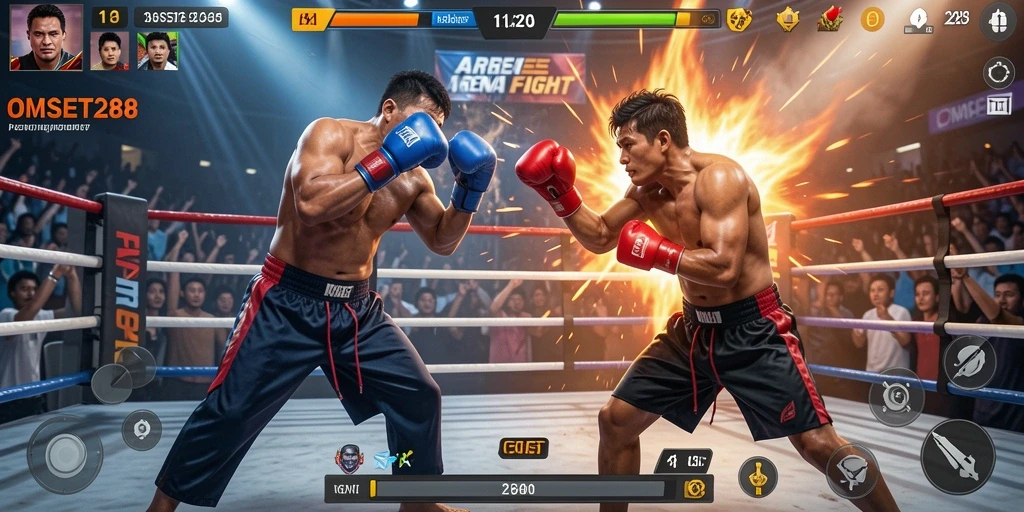 Tampilan gameplay intens dari OMSET288 dalam pertarungan.