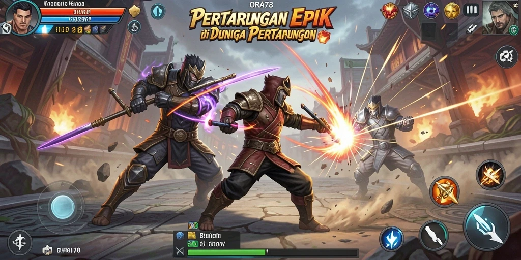 Screenshot gameplay ORA78 menampilkan pertarungan seru dan karakter dinamis.
