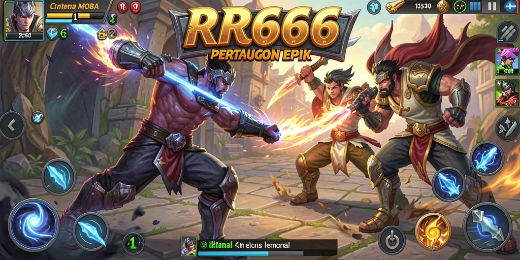 Screenshot utama RR666 menampilkan aksi pertarungan intens dalam pertandingan MOBA.