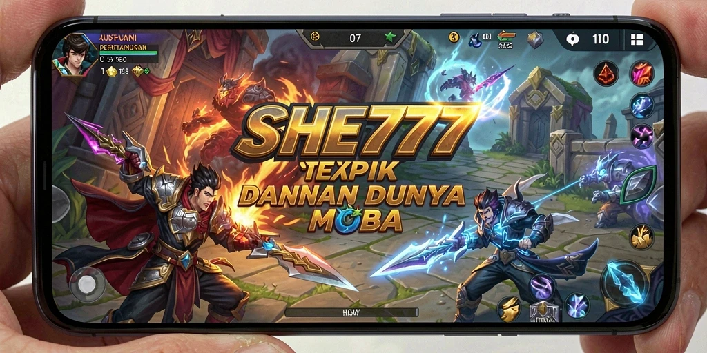 Screenshot gameplay SHE777 yang menunjukkan pertempuran seru di arena MOBA.