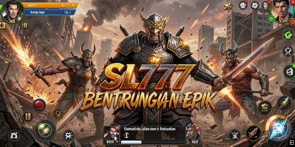 Screenshot utama SL777 menampilkan pertarungan dengan karakter yang dinamis dan grafis epik.