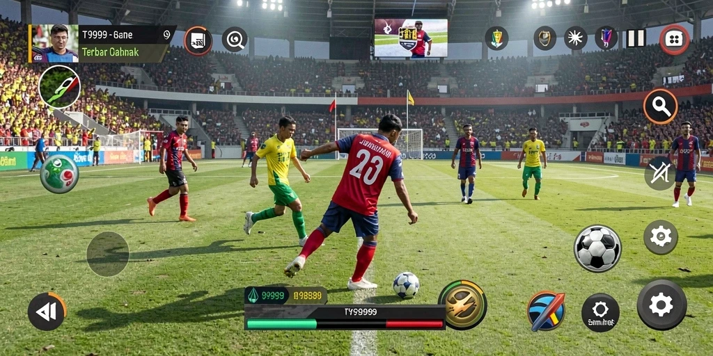 Screenshot main game T9999 menunjukkan aksi sepak bola yang mendebarkan.